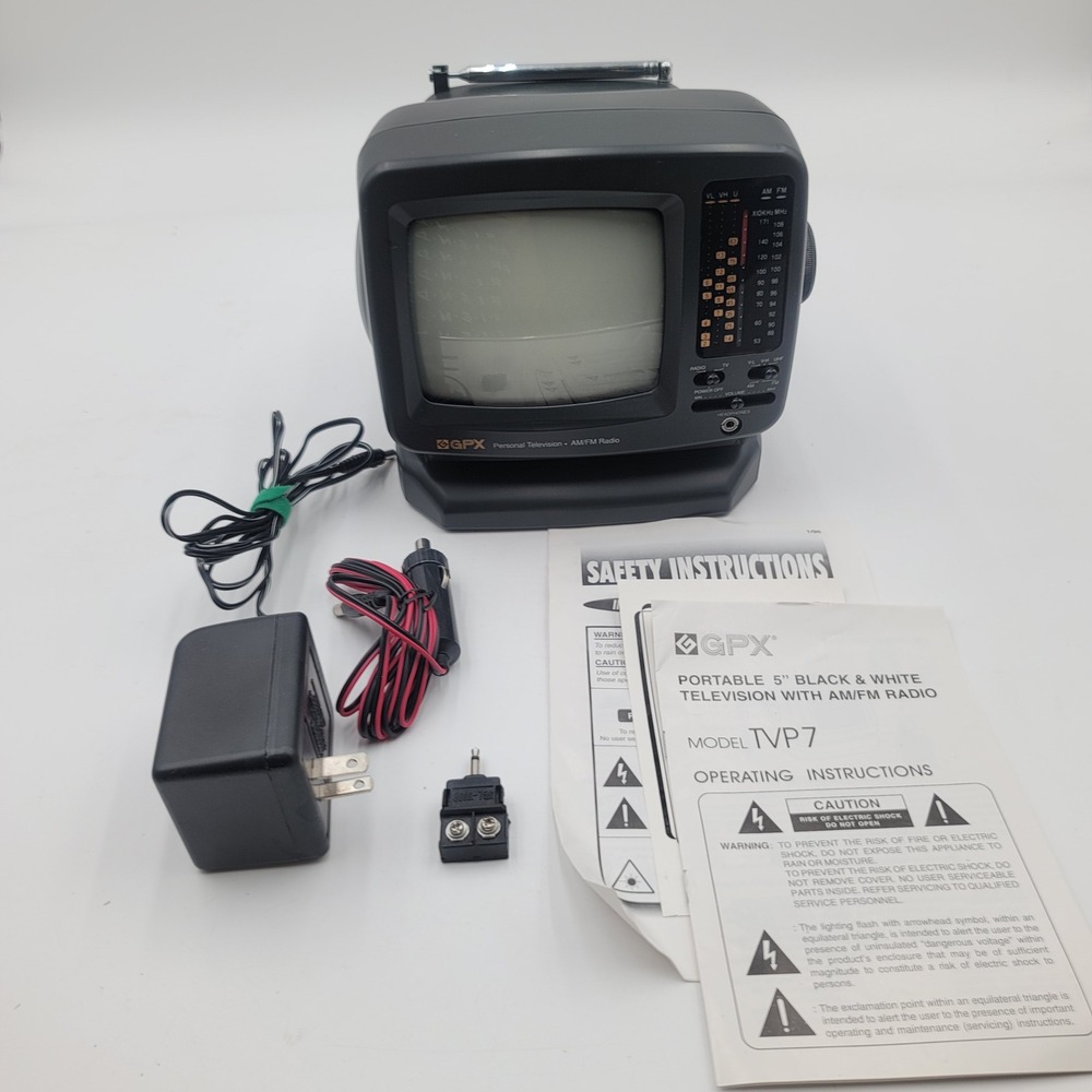GPX Gran Prix TVP7 Portable 5in Black and White TV AM FM Radio Vintage 1996